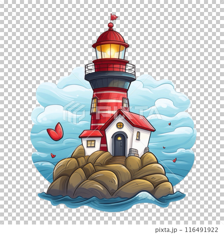 Illumination of a lighthouse majestically stands amidst the sea, guiding ships to the shores with its illuminating light, ensuring a safe and secure navigation through the waters. AI Generated 116491922