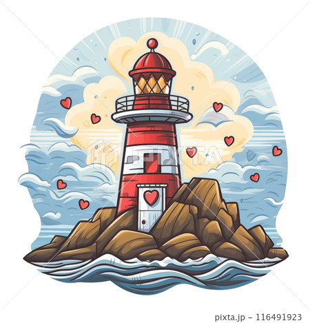 Illumination of a sea centered lighthouse, surrounded by myriad small hearts, symbolizes the discovery of love. A romantic maritime setting. AI Generated 116491923