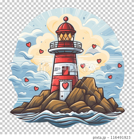 Illumination of a sea centered lighthouse, surrounded by myriad small hearts, symbolizes the discovery of love. A romantic maritime setting. AI Generated 116491923