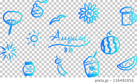 8月モチーフのかわいい手描きグラデーション線画イラストセット 116492858