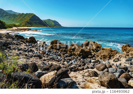 Rocky beach, mountains, and ocean a perfect place to relax and travel Rocky beach, mountains, and ocean a perfect place to relax and travel 116493062