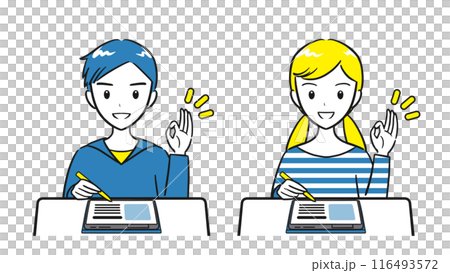 A set of elementary school boys and girls who study well using tablet learning (simple) A set of elementary school boys and girls who study well using tablet learning (simple) 116493572