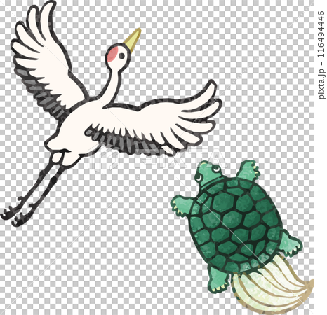 Crane and turtle, Japanese style, woodblock print, ink painting, watercolor, paper cutting, hand-drawn illustration 116494446