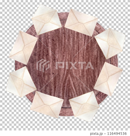 Envelopes close and open on a wooden tray watercolor frame isolated on white. Hand drawn high quality art. Simple style illustration for stationary designs, cards, notebooks, textile, packages design 116494536
