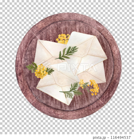 Envelopes on a wooden tray with blue tansy flowers isolated on white. Hand painted in watercolor. High quality illustration for cards, packages, essential oil, infusions, herbal tea, notebooks design 116494537
