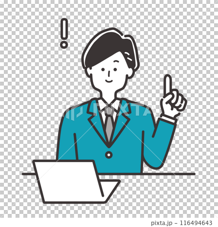 Illustration material of a business person (man in a suit) pointing at a desk and explaining something Illustration material of a business person (man in a suit) pointing at a desk and explaining something 116494643