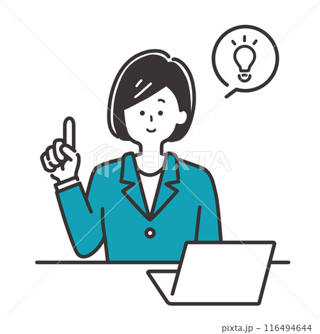 デスクでポイントを指差しで説明をするビジネスパーソン（スーツの女性）のイラスト素材 116494644