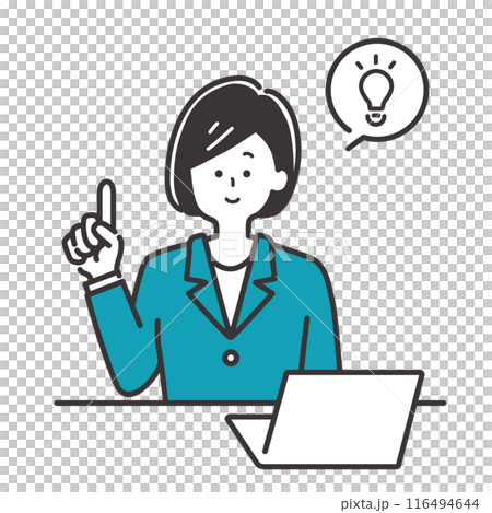 商務人士(穿著西裝的女士)在辦公桌前指點並解釋要點的插圖素材 商務人士(穿著西裝的女士)在辦公桌前指點並解釋要點的插圖素材 116494644