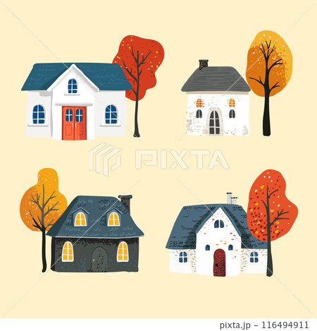 Set of a magical house with a tiled roof in a simple minimalist style, red leaves on a tree on a yellow backdrop. Postcard and poster. Packaging paper and textiles Set of a magical house with a tiled roof in a simple minimalist style, red leaves on a tree on a yellow backdrop. Postcard and poster. Packaging paper and textiles 116494911