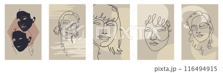Card or poster set with one single line drawing of female face and abstract geometric shapes 116494915