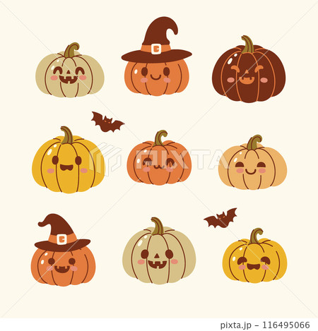 Set of nine cute Halloween pumpkins. Vector graphics. 116495066