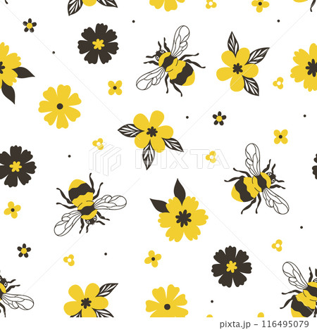 Seamless pattern with bumblebees and yellow flowers on a white background. Vector graphics. Seamless pattern with bumblebees and yellow flowers on a white background. Vector graphics. 116495079