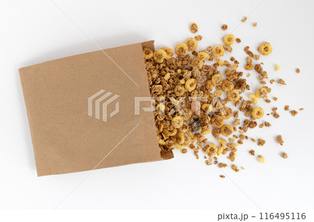 crunchy granola isolated on white background, top view crunchy granola isolated on white background, top view 116495116