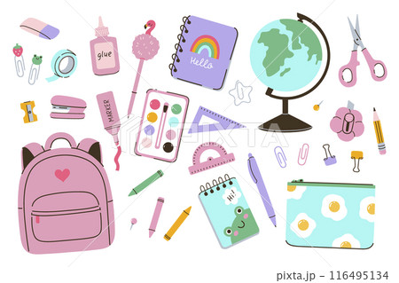 Set of cute school supplies isolated on white background. Vector graphics. Set of cute school supplies isolated on white background. Vector graphics. 116495134