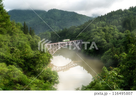 福島県 新緑の只見川と只見線の風景 福島県 新緑の只見川と只見線の風景 116495807