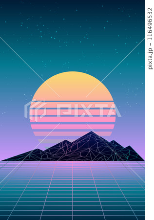 Futuristic neon retrowave background with mountains 116496532