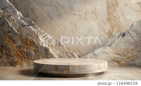 Stone podium mockup. Promotion platform with copyspace. Natural blank luxury pedestal with copy space for banner. Minimalism design. Empty rock stage template 116496539