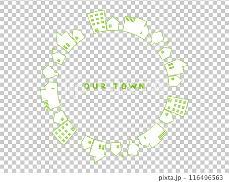 A set of illustrations of a townscape with houses and buildings arranged in a circle 116496563