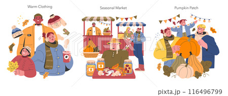 Welcome Fall set. Cozy autumn activities with warm clothing, a seasonal market, and a pumpkin patch adventure. Celebrate the autumn season. Vector illustration. 116496799