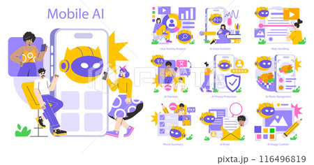 Mobile AI concept. Illustration capturing various artificial intelligence applications on mobile devices, including translation and voice assistance. Vector illustration. Mobile AI concept. Illustration capturing various artificial intelligence applications on mobile devices, including translation and voice assistance. Vector illustration. 116496819