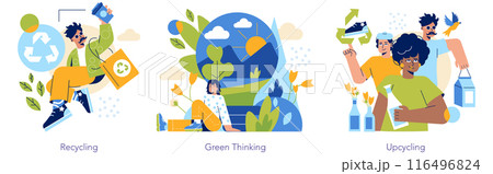 Circular Economy set. Portraying recycling, green thinking, and upcycling practices. Individuals engaging in eco-friendly activities. Vector illustration. Circular Economy set. Portraying recycling, green thinking, and upcycling practices. Individuals engaging in eco-friendly activities. Vector illustration. 116496824