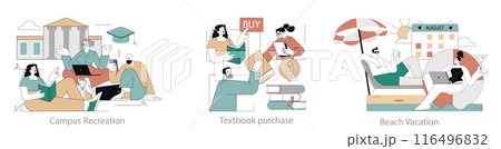 College Life set. Students engaging in campus leisure, buying textbooks, and having a beach holiday. Education, commerce, and relaxation themes. Vector illustration. College Life set. Students engaging in campus leisure, buying textbooks, and having a beach holiday. Education, commerce, and relaxation themes. Vector illustration. 116496832