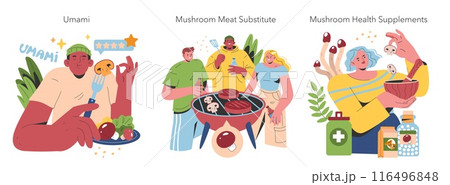 Mushroom Benefits set. Exploring umami flavor, meat substitute options, and health supplements. Culinary delights and nutritional advantages in daily life. Vector illustration. 116496848
