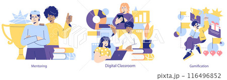 Online Education set. Showcasing mentoring support, digital classroom engagement, and interactive learning through gamification. Vector illustration. 116496852