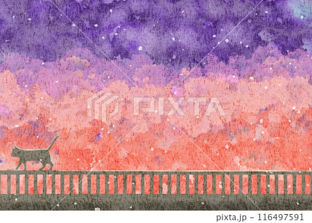 夕暮れ 柵の上を歩く猫 シルエット 水彩 背景 夕暮れ 柵の上を歩く猫 シルエット 水彩 背景 116497591