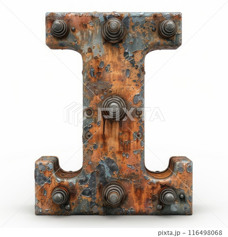 aged, rusty letter I stands alone on a stark white background, telling tales of bygone days and forgotten messages. 116498068