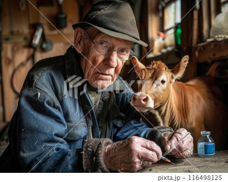 elderly man, a veterinarian, tending to a cow on a serene farm. 116498125
