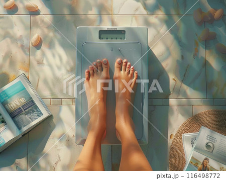 womans feet stand on a scale placed on a tiled floor, revealing her disappointment with the numbers displayed. 116498772