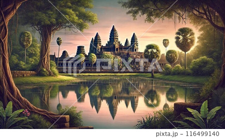 水面に映るアンコールワット 116499140