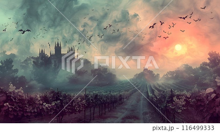 Vintage Vampire s Pastel Vineyard Landscape with Gothic Manor in the Mist Vintage Vampire s Pastel Vineyard Landscape with Gothic Manor in the Mist 116499333