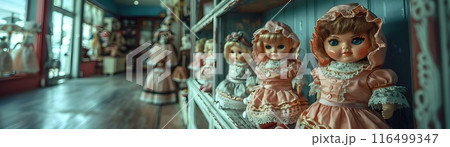 Haunted Vintage Doll Boutique with Pastel Goth Decor and Surreal Ambiance 116499347
