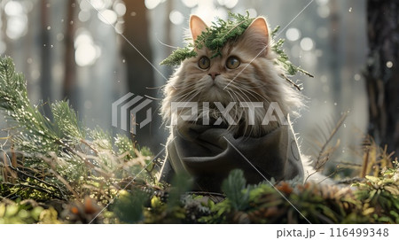 Ragdoll Cat Dressed as Pine Tree in Serene Forest Landscape Ragdoll Cat Dressed as Pine Tree in Serene Forest Landscape 116499348