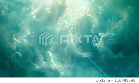 Mystic Mermaid Lagoon   Serene Underwater Scene with Gentle Mermaids in Pastel Hues 116499349