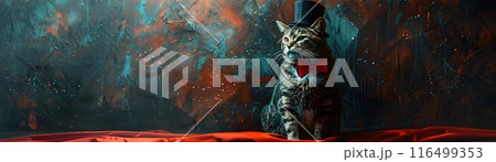 Captivating Feline Magician on Mysterious Stage Backdrop 116499353