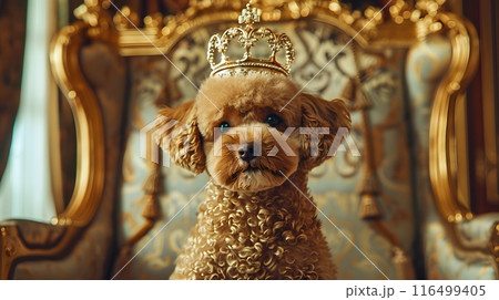 Poodle Wearing Ornate Crown in Opulent Royal Castle Throne Room Poodle Wearing Ornate Crown in Opulent Royal Castle Throne Room 116499405