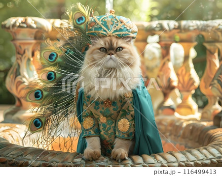 Regal Persian Cat Dressed as Vibrant Peacock in Lush Royal Garden with Ornate Fountains 116499413