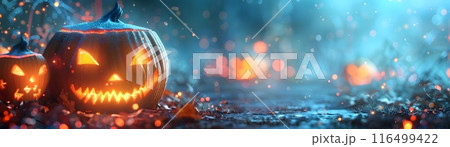 Spooky Jack o Lantern Lighting the Path of a Halloween Festival 116499422