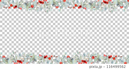 Eucalyptus laurel branches leaves, red berries. Watercolor hand drawn illustration, seamless banner isolated on white. Xmas, happy new year festive, noel navidad. Cards, gifts, florist shop, wedding. Eucalyptus laurel branches leaves, red berries. Watercolor hand drawn illustration, seamless banner isolated on white. Xmas, happy new year festive, noel navidad. Cards, gifts, florist shop, wedding. 116499562