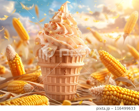Sweet Corn Ice Cream Banner with Autumn Cornfield 116499633
