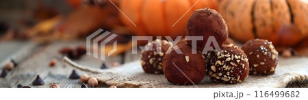 Pumpkin Spice Truffles on Rustic Wooden Background with Fall Foliage Decor 116499682