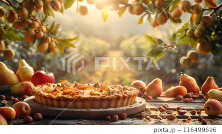 Chestnut and Pear Tart on Pear Orchard Backdrop with Pear Spirit Blessing the Harvest 116499696