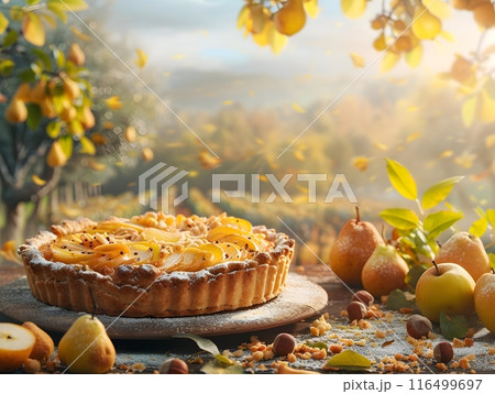 Chestnut and Pear Tart in Autumnal Pear Orchard with Warm Sunlight 116499697