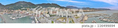 Drone panorama over the harbor of the Italian city of Salerno on the Amalfi Coast 116499894
