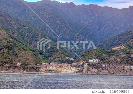 Photograph of a cloistered village on the Amalfi Coast from the sea Photograph of a cloistered village on the Amalfi Coast from the sea 116499895