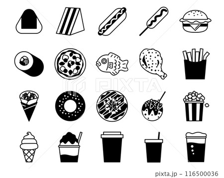 ファストフードの食べ物アイコンセット_黒ベタ 116500036
