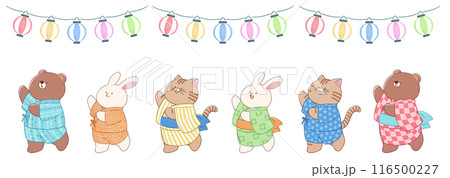 盆踊りをする動物たちと提灯 116500227